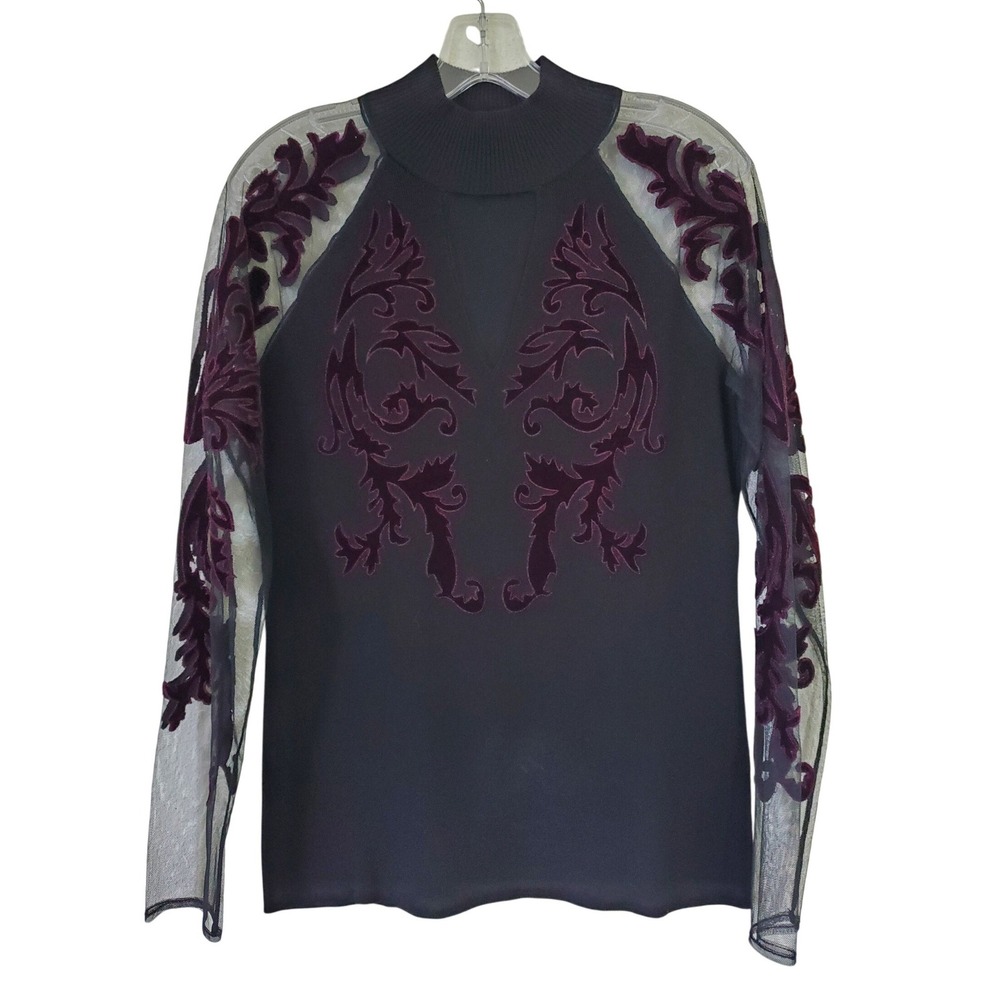 Whimigoth Goth Black Mesh Velvet Burnout Sleeve Top Size L Vamp Grunge